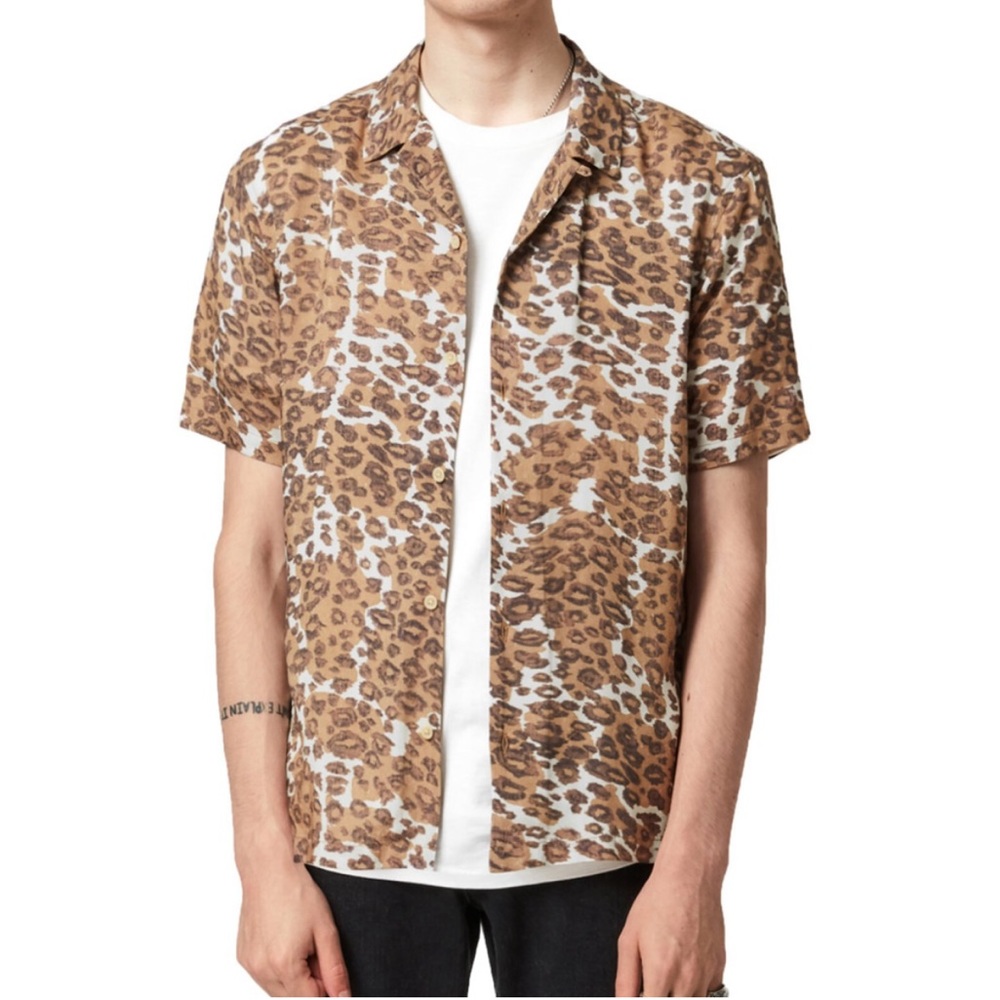 Men’s All Saints Can Tho Short Sleeve Button Down Camp Shirt in Leopard - Size M